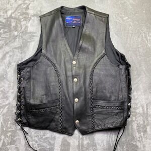 Vance Leathers Mens Black Leather Moto Vest Braided Lace Up Sides Snap Front
